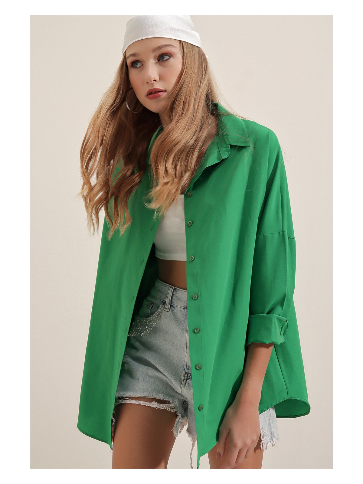 Bigdart 3900 Oversize Uzun Basic Gömlek - Yeşil