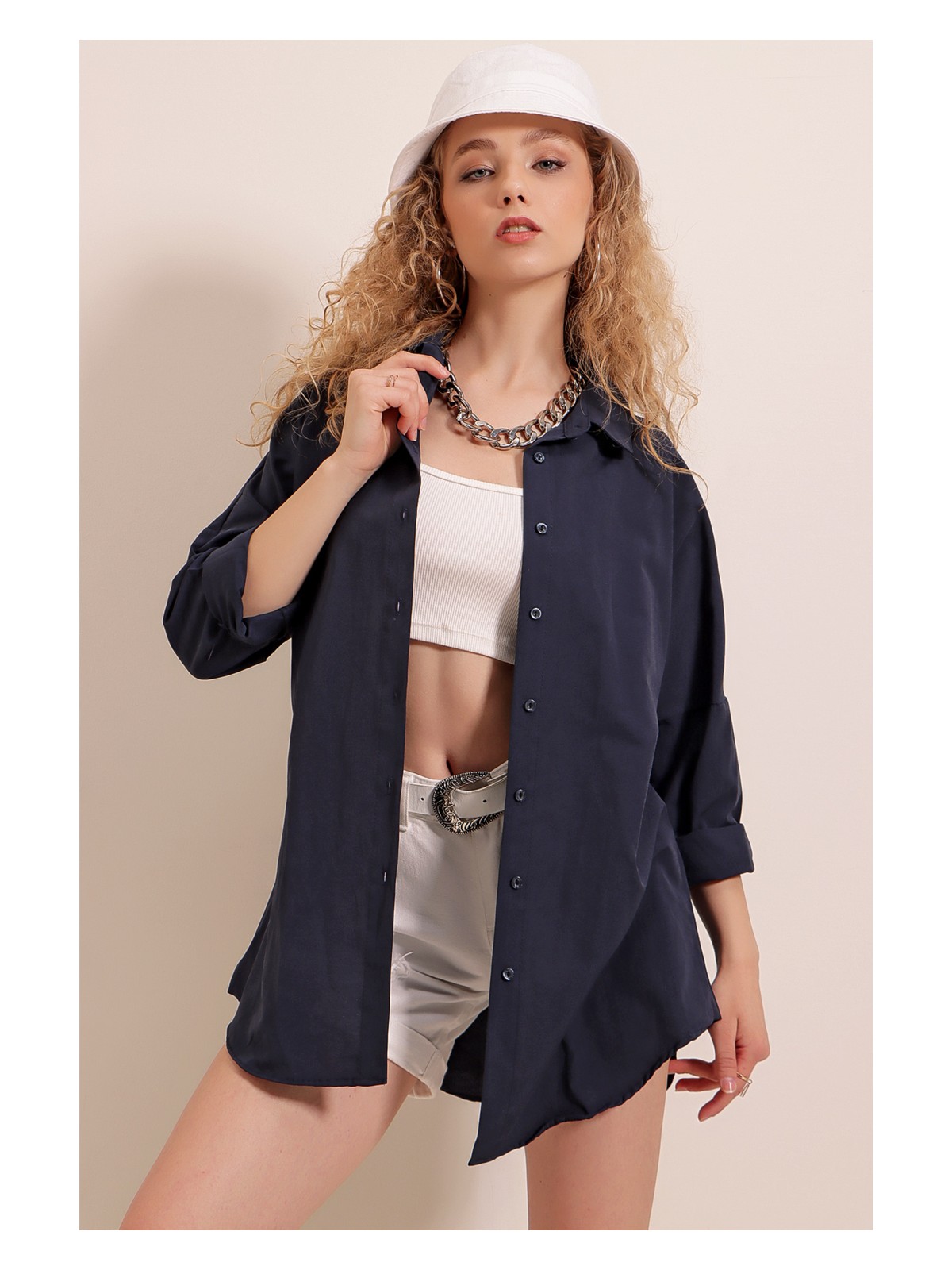 Bigdart 3900 Oversize Uzun Basic Gömlek - Lacivert