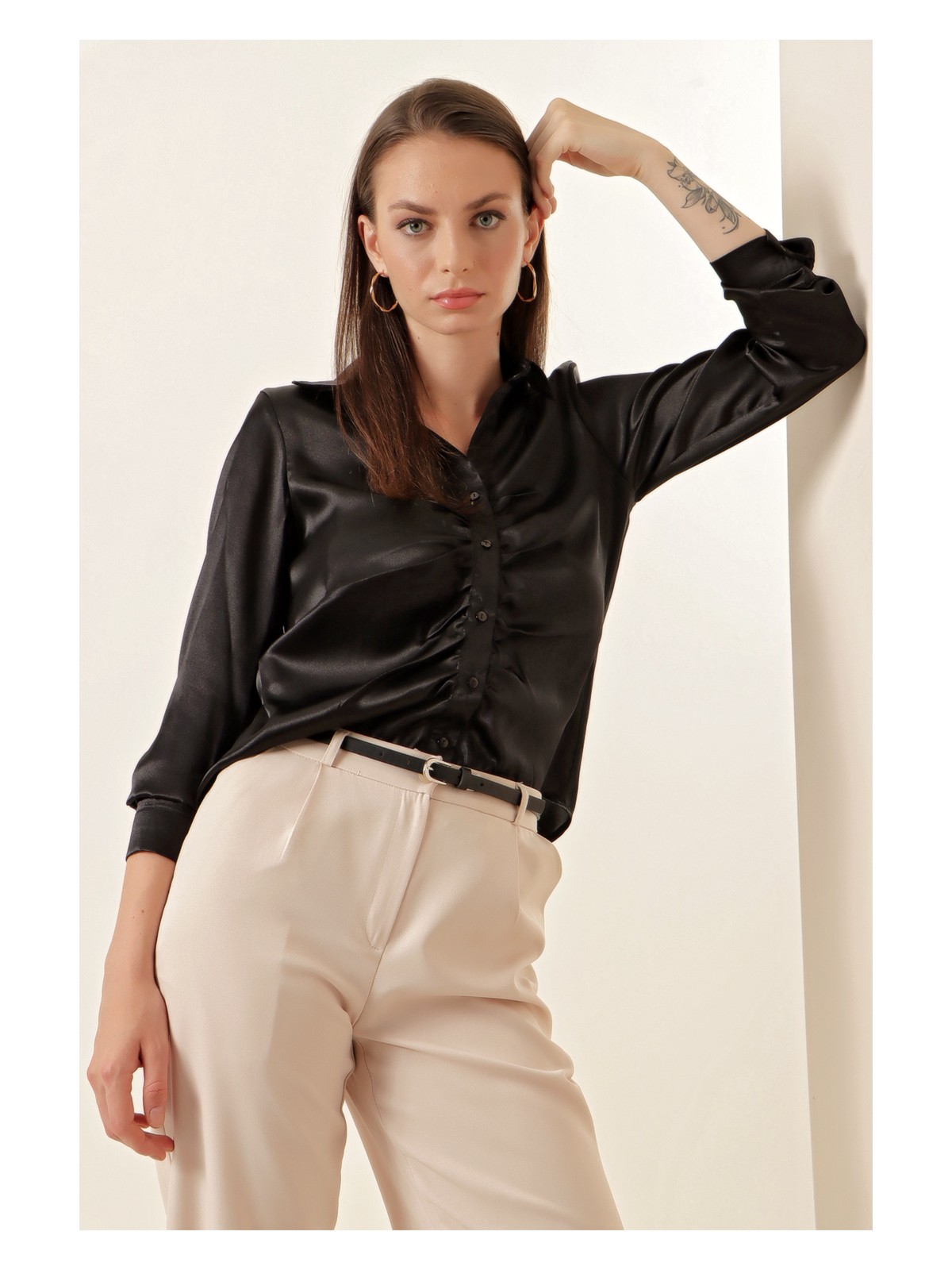 Bigdart 20112 Büzgülü Saten Gömlek - Beyaz - Görsel 3