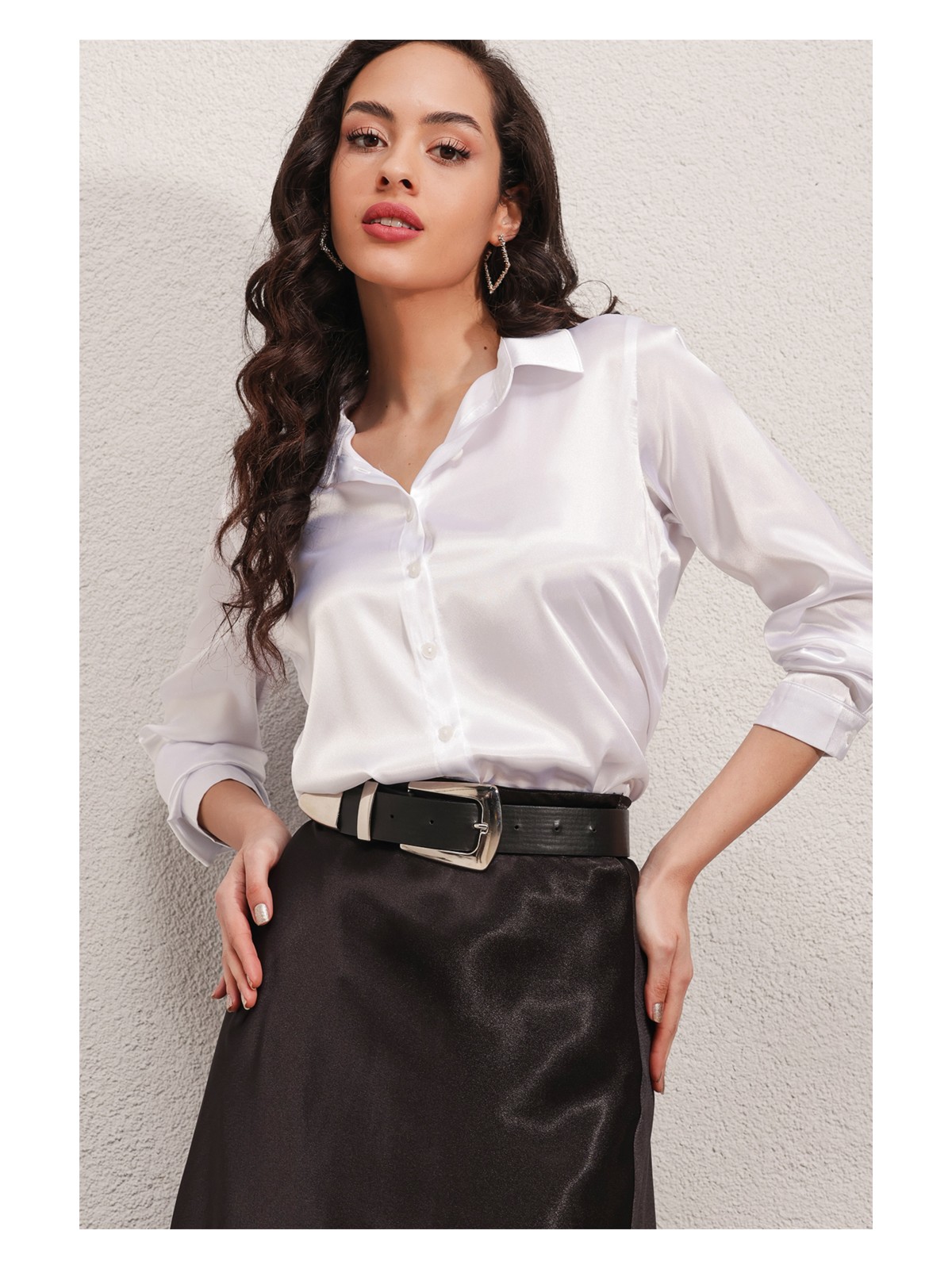 Bigdart 3964 Hafif Dökümlü Saten Gömlek - Beyaz