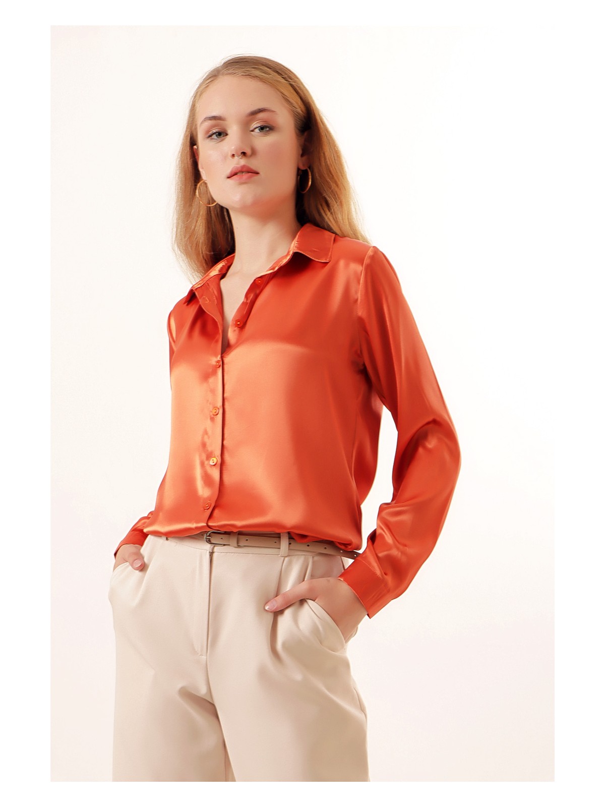 Bigdart 3964 Hafif Dökümlü Saten Gömlek - Turuncu