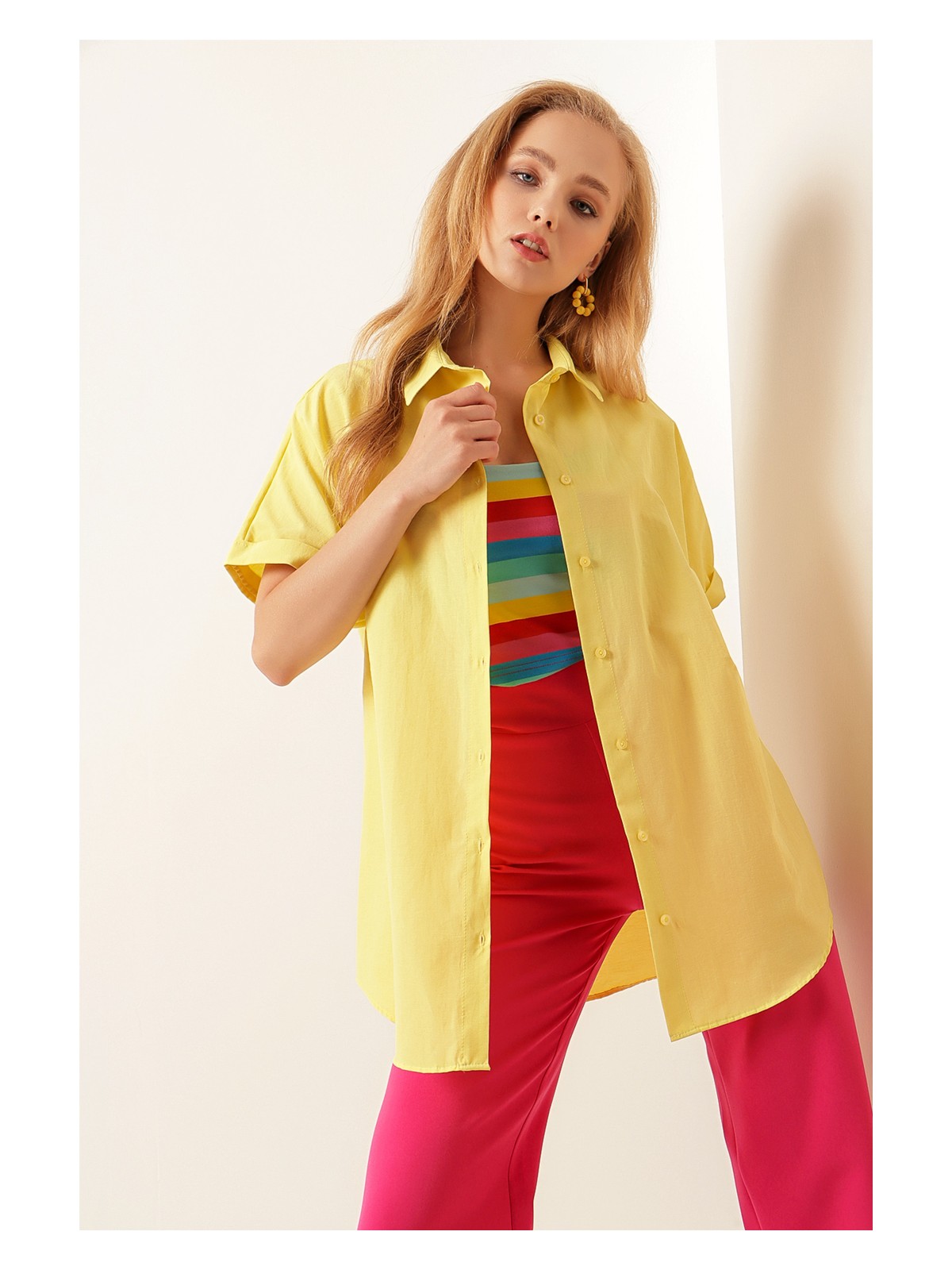 Bigdart 20120 Oversize Kısa Kollu Gömlek - Sarı