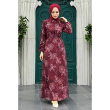 Neva Style - Çiçek Desenli Bordo Tesettür Elbise 279079BR