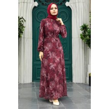 Neva Style - Çiçek Desenli Bordo Tesettür Elbise 279079BR