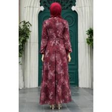 Neva Style - Çiçek Desenli Bordo Tesettür Elbise 279079BR