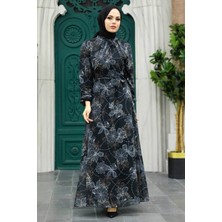 Neva Style - Çiçek Desenli Siyah Tesettür Elbise 279079S