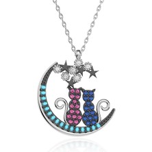 İndigo Takı Ay Üstünde Oturan Aşık Kediler Beyaz Gümüş Kolye