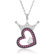 İndigo Takı Fuşya Kalpli Beyaz Kraliçe Tacı Gümüş Kolye