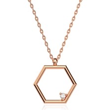 İndigo Takı Küçük Altıgen Çerçeve Rose Gümüş Kolye