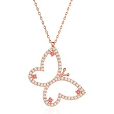 İndigo Takı Fuşya Kelebek Rose Gümüş Kolye