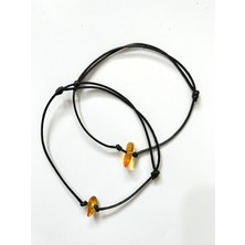 Kehribar Taneli Ayarlanabilir Siyah Ipli Çift Bilekliği