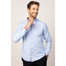 Tudors Erkek Slim Fit Dar Kesim Uzun Kollu Pamuklu Oxford Doku Kolay Ütülenebilir Mavi Düğmeli Yaka Gömlek