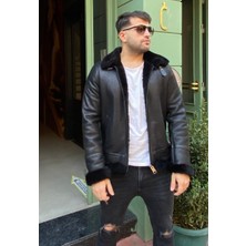 Lava Design Deri Ceket & Kürklü Ceket Erkek Pilot Model Siyah Biker Ceket