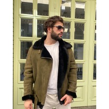 Lava Design Deri Ceket & Kürklü Ceket Erkek Pilot Model Koyu Yeşil Biker Ceket