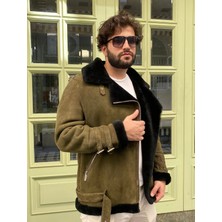 Lava Design Deri Ceket & Kürklü Ceket Erkek Pilot Model Koyu Yeşil Biker Ceket