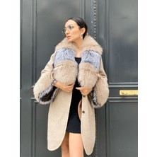 Lava Design Kadın Bej Çift Renk Kürklü Uzun Alpaka Kaban
