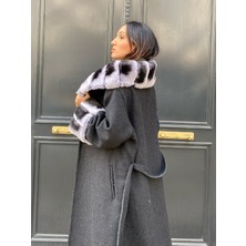 Lava Design Kadın Siyah Çift Renk Kürklü Uzun Alpaka Kaban