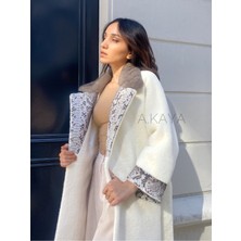 Lava Design Alcantara Kadın Kaban Kürklü Yaka Beyaz Uzun Kaban