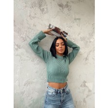 EDZ Kadın Mint Yeşili Fitilli Crop Model Kazak