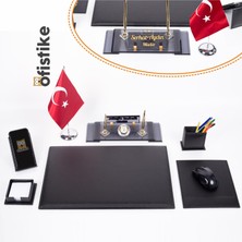 Ofistike Varta Türk Bayraklı Deri Sümen Takımı Kristal Ofis Masa İsimliği Hediyesi Resmi Makam Takımı