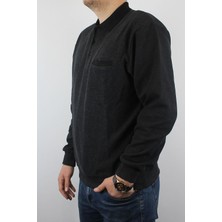 Taniş Giyim Erkek Polo Yaka Cepli Regular Kalıp Selanik Örgü Düz Renk Koyu Füme Sweatshirt SLN100