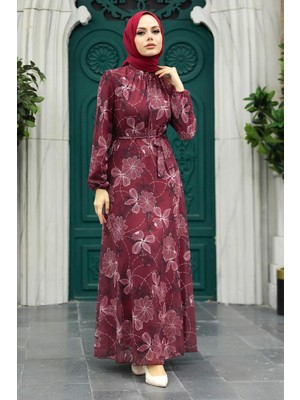 Neva Style - Çiçek Desenli Bordo Tesettür Elbise 279079BR