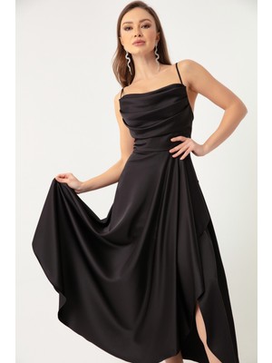 Lafaba Kadın Siyah Volanlı Yırtmaçlı Saten Midi Boy Abiye & Mezuniyet Elbisesi