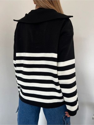 Kadın Çizgili Oversize Kesim Fermuarlı Triko Kazak Siyah