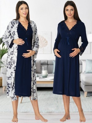 Puerpera Effortt Kadın Uzun Kollu Hamile Lohusa Gecelik Sabahlık Lohusa Set 8095