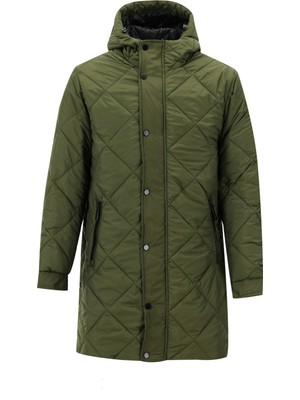 Kiğılı Kapüşonlu Kapitone Spor Kaban Orta Haki Polyester Uzun Kol Erkek Cepli