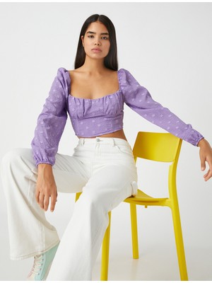 Koton Crop Bluz Balon Kollu Dokulu