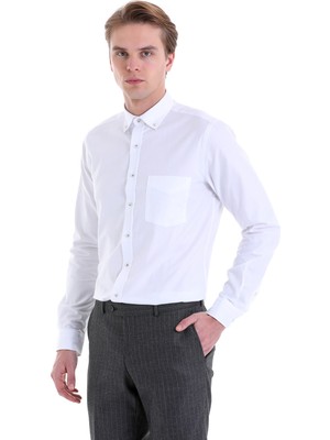 Hatemoğlu Beyaz Comfort Fit Düz 100% Pamuk Uzun Kol Gömlek