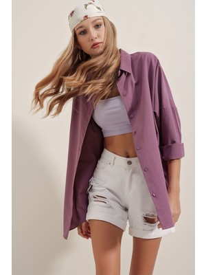 Bigdart 3900 Oversize Uzun Basic Gömlek - Koyu Lila