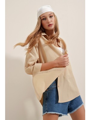 Bigdart 3900 Oversize Uzun Basic Gömlek - Bej