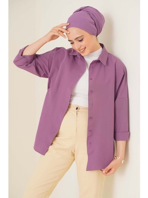 Bigdart Oversize Basic Tesettür Gömlek Koyu Lila Truvakar Kol Günlük Stil Düz Renk