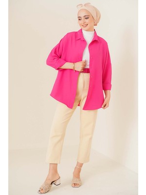 Bigdart Kadın Oversize Basic Tesettür Gömlek Düz Desenli Koyu Pembe Günlük Stil