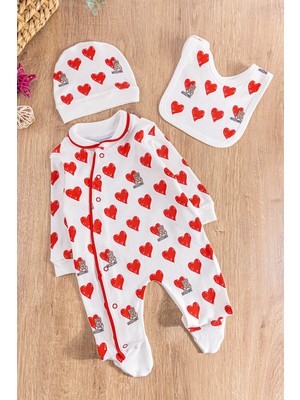 Babymod Kalp Desenli Şapkalı Kız Bebek Tulum Takım