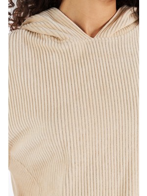 Bexy Kapüşonlu Crop Fitilli Kadife Bej Sweatshirt - Isabel | 160589-1