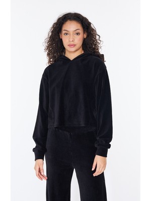 Bexy Kapüşonlu Crop Fitilli Kadife Siyah Sweatshirt - Isabel | 160589-2