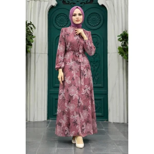 Neva Style - Çiçek Desenli Gül Kurusu Tesettür Elbise 279079GK