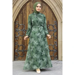 Neva Style - Çiçek Desenli Çağla Yeşili Tesettür Elbise 279079CY