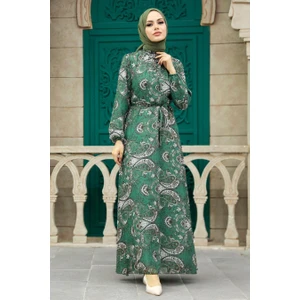 Neva Style - Çiçek Desenli Yeşil Tesettür Elbise 279081Y
