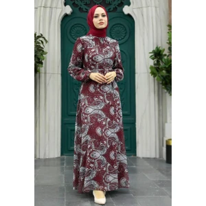Neva Style - Çiçek Desenli Bordo Tesettür Elbise 279081BR