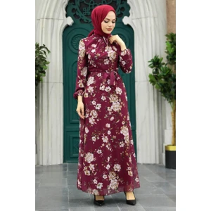 Neva Style - Çiçek Desenli Bordo Tesettür Elbise 279080BR