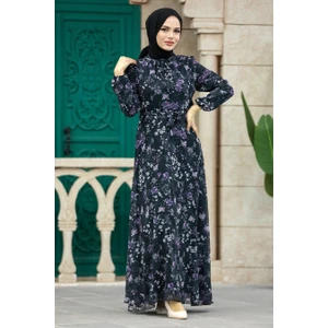 Neva Style - Çiçek Desenli Siyah Tesettür Elbise 279044S