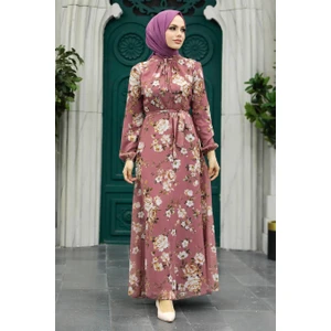 Neva Style - Çiçek Desenli Gül Kurusu Tesettür Elbise 279080GK