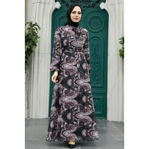 Neva Style - Çiçek Desenli Siyah Tesettür Elbise 279081S