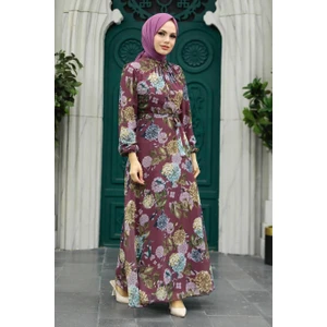 Neva Style - Çiçek Desenli Koyu Gül Kurusu Tesettür Elbise 279083KGK