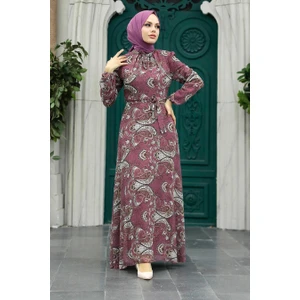 Neva Style - Çiçek Desenli Gül Kurusu Tesettür Elbise 279081GK