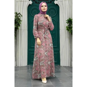 Neva Style - Çiçek Desenli Pudra Tesettür Elbise 279081PD